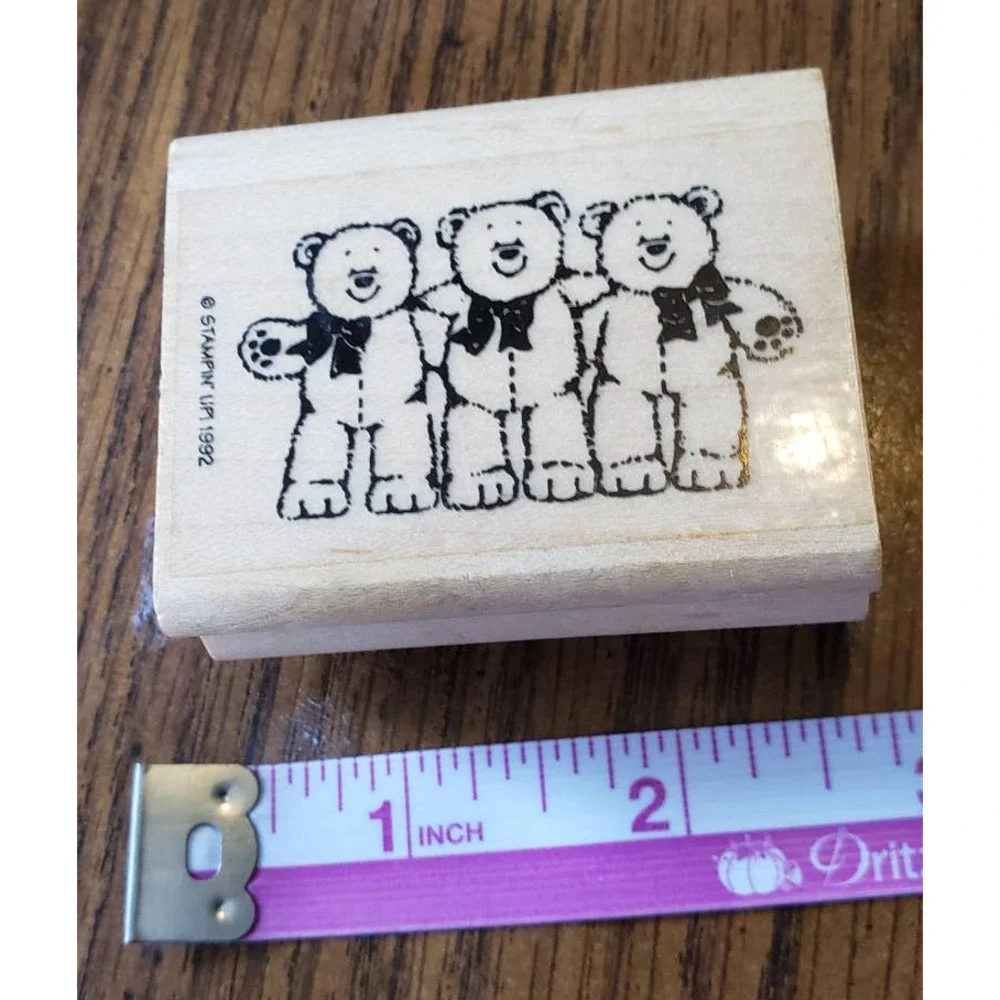 Stampin Up Three Teddy Bears Hugging 1992 Wood Mounted Rubber Stamp
